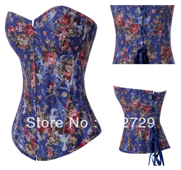 5804 Blue floral jeans lace up boned corset busiter clubwear S-2XL factory supplier
