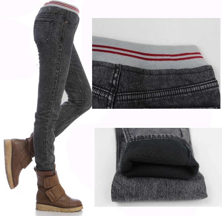 5871 plus velvet thickening pencil pants jeans female elastic waist skinny pants plus size mm