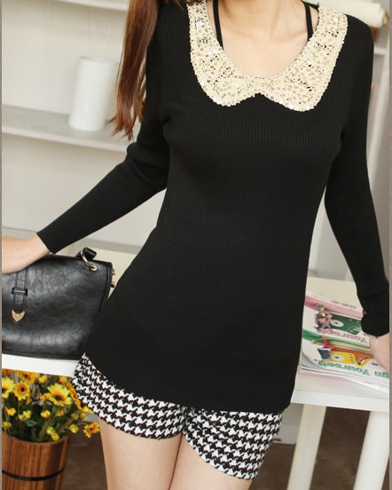 5colors! Free shipping women's beads peter pan collar long knitted basic shirt winter sweater Free size