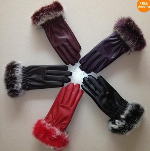 5Colors Women's Fashion Warmer Outdoors PU synthetic leather Gloves Hand Wrist Mitten Fur Cuff
