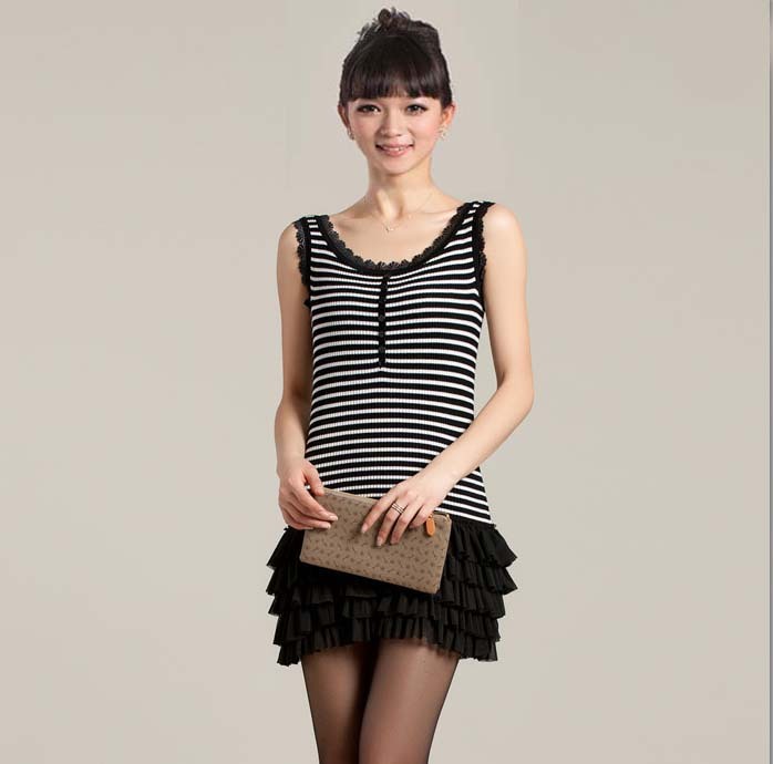 5h1 Summer 2012 lady's slim stripe lace long design small spaghetti strap top basic shirt suspender skirt small vest dating