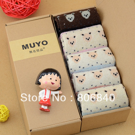 5pairs Box wool socks candy color female socks small bear gift box