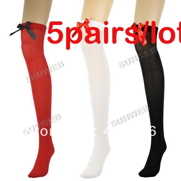 5pairs/lot 70cm Sexy Women's Silk Lace socks Top Bows Bowknot Thigh High Stockings 3 Colors free shipping 8195