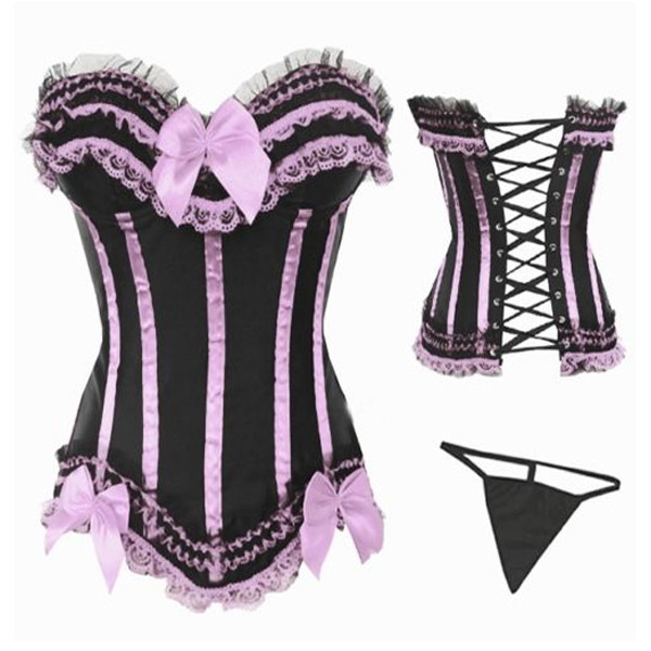 5pcs Black and Pink Sexy Overbust bustier Lace up Corset lingerie G-string T-back