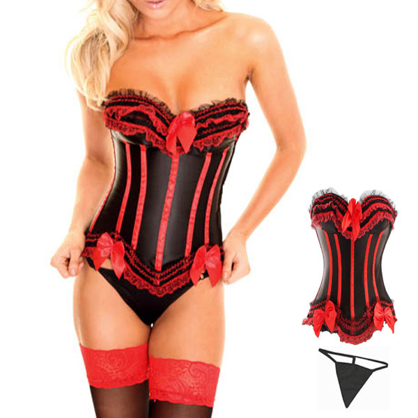 5pcs Black and red Sexy Overbust bustier Lace up Corset lingerie G-string T-back