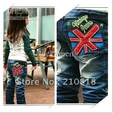 5pcs Children's casual pants autumn and spring boys embroidered jeans Girls / baby denim trousers 5pcs Free Shipping