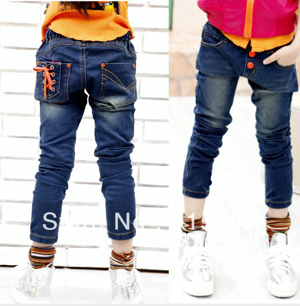 5pcs Children's  long jean pants baby cool jeans trousers,girl's fashion Elastic waist trousers,denim pants with slings pocket