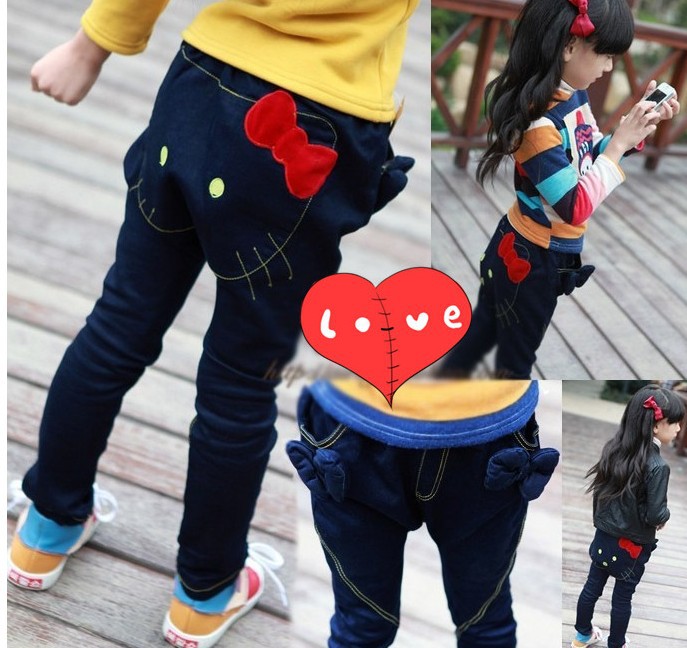 5pcs girls hello kitty pants jeans trousers girl's bow cat cartoon pant jean free shipping