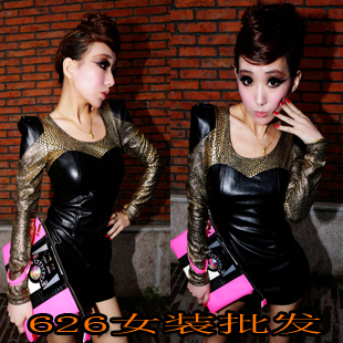 5pcs/lot, 2012 autumn new arrival fashion faux leather slim hip sexy long-sleeve female basic winter one-piece dress