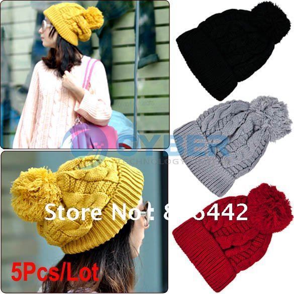5Pcs/Lot 2012 Winter Knitting Wool Hat for Women Caps Lady Knitted Large Ball Fold Up Hats Caps Free Shipping 7911