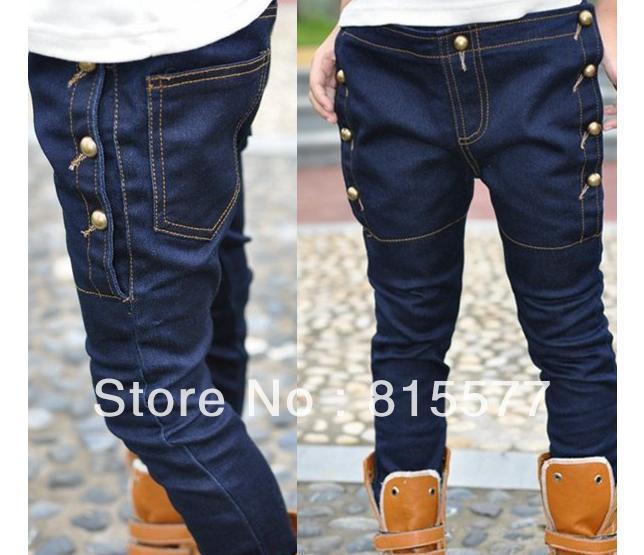 5pcs/lot 2013 girl's boy's metal button jeans denim children's jean solid pure pants trousers free shipping