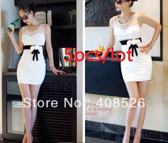 5Pcs/lot 2013 New Sexy Women's Lady Ball Slim Mini sleeveless Milk Silk + Lace Dress free shipping 8021