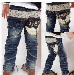 5pcs/lot baby girls fashion lace angel wings jeans children autumn denim jeans pants free shipping