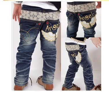 5pcs/lot baby girls fashion lace angel wings jeans children autumn denim jeans pants free shipping