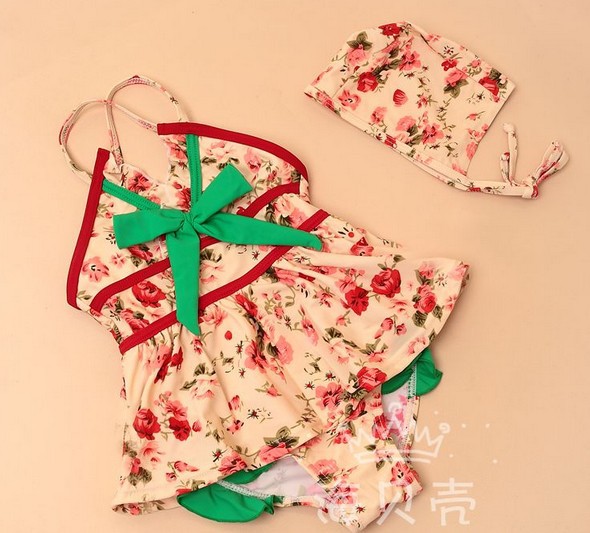 5pcs/lot  baby girls swimsuit flower one-piece swimwear +cap beach wear  free shipping