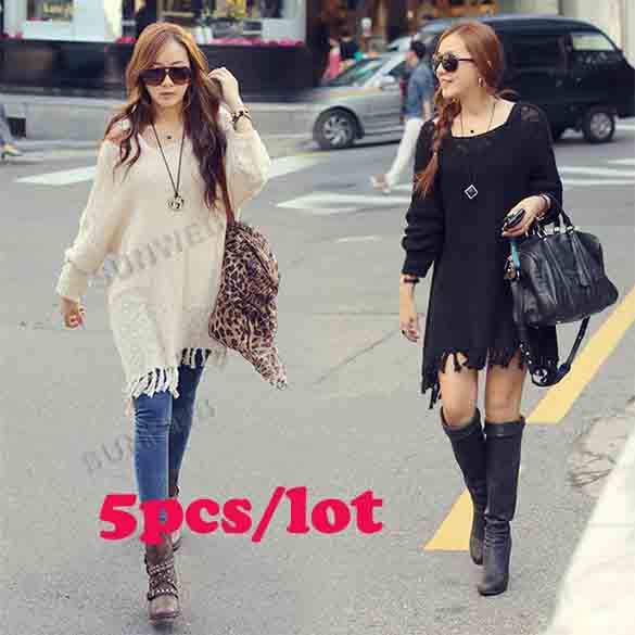 5pcs/lot Black/ Apricot  Women's Fringed Hem Loose Batwing Sweater Dress Long Knitted Sweater Tops Outerwear ree shipping 10075