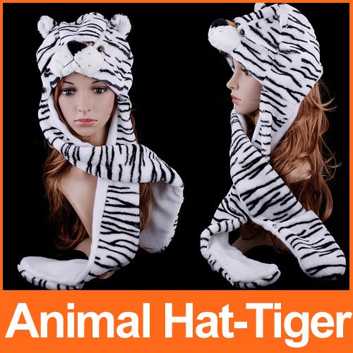 5pcs/lot, Cartoon Animal Hat White Tiger Plush Warm Cap/ Warm Hat Earmuff Scarf Gloves Beanies Free Shipping wholesale