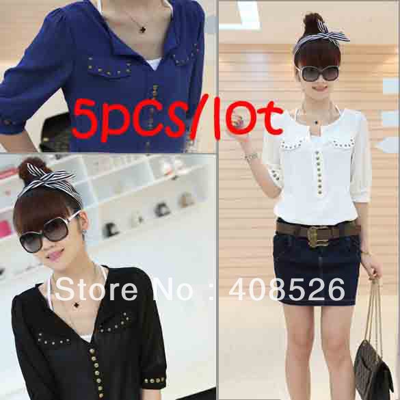 5Pcs/lot Casual Fashion new Korea Women V-neck Studs half Sleeve Chiffon Blouse shirt Top Black White Blue free shipping 7424