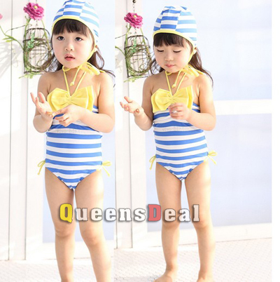 5pcs /lot children kids girls beach swimming suit swimsuit sets one-piece suit+cap blue stripes yellow bowknot very cute