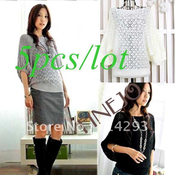 5pcs/lot Free Shipping 2012 women's Hollow Batwing Knitting Coat Round Neck Sweater Top Cardigan 7087