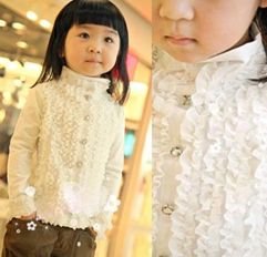 5pcs/lot Free shipping Girl's Shirt size 90-130 autumn solid color chiffon patchwork stand collar basic shirt children clothing