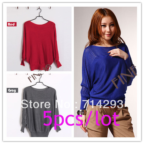 5PCS/LOT free shipping Women's O-Neck Loose Batwing Dolman Long Sleeve T-Shirt Knitting Sweater Top 5 Colors 8070