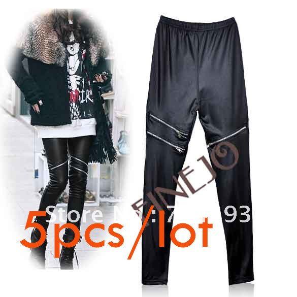 5pcs/lot Free Shipping Women's PU Leather Leggings,Fashion Three Gold Zipper Pants,Lady New Tights 6141