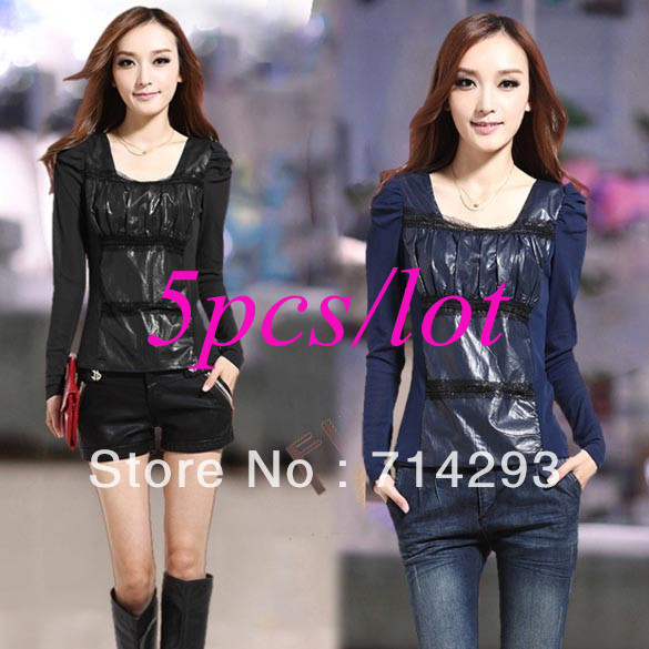 5pcs/lot Free shipping Women's Synthetic leather Splicing T-Shirt Square Neck Thickened Bottoming Shirt 9397