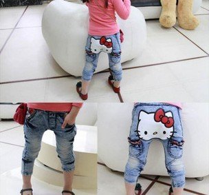 5pcs/lot  girl trousers kids wear children clothes girls&boys jeans hello kitty jeans girl cartoon jeans pp pants Free shipiing