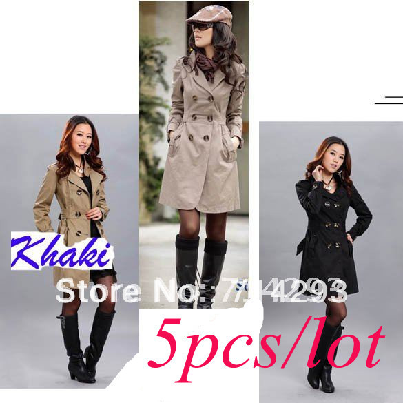 5pcs/lot Hot sell Women's Long  Double-breasted Trench Coat 3 colors Free Size 3375