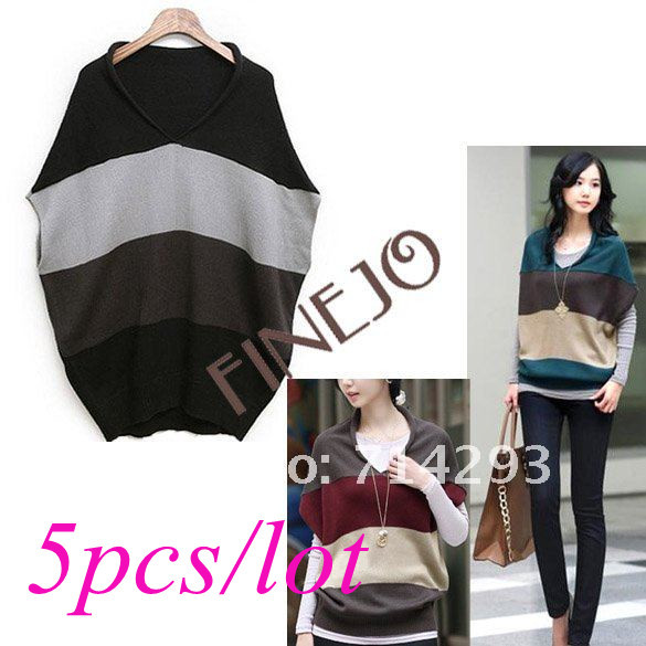 5pcs/lot new Fashion women's Stripes batwing Sleeve Loose wool knitting sweater pullover 3 Color Free Shipping 7423