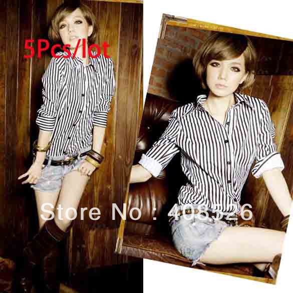 5pcs/lot New Sexy Fashion Ladies' Shirt  Black White Vertical Stripe Long Sleeve Shirt Blouse Tops free shipping 5877