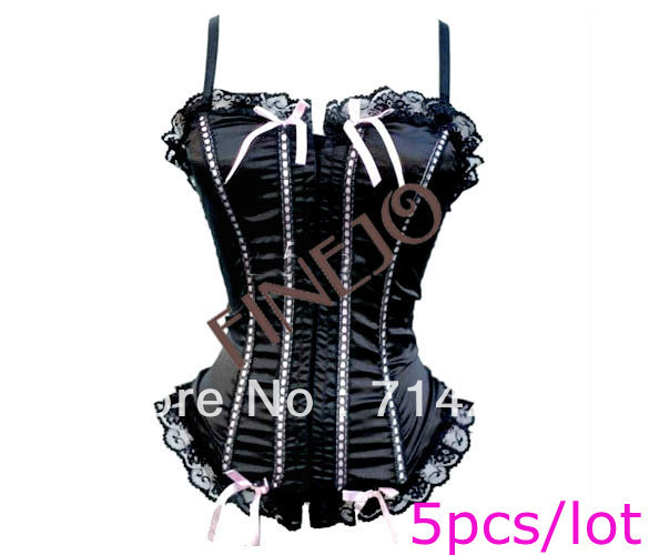 5pcs/lot New Women's Sexy Lingerie Lace up Satin Corset Lingerie Bustier + G-String Black Free shipping 5649