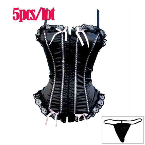 5pcs/lot New Womens Sexy Lace up Satin Corset Bustier Lingerie + G-String Underwear Sleepwear Black S M L XL free shipping 5649