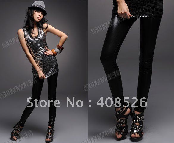 5pcs/lot Popular global women's black Stretchy leather legging pants ankle length trousers 1967