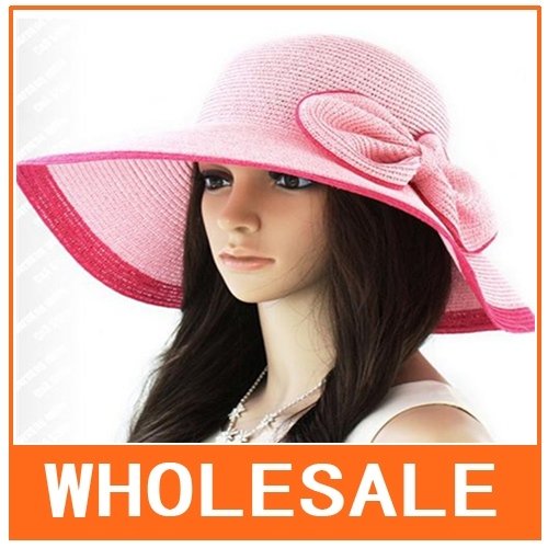 5pcs/Lot Summer Hot Sale Bowknot Fashion Color Edge Womens Straw Sun Hats Summer Beach Floppy Straw Hats