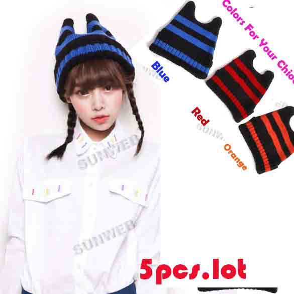 5pcs/lot Winter Warm Women Striped Devil Horns Knitting Wool Caps Beanie 3 color,Free shipping 9536