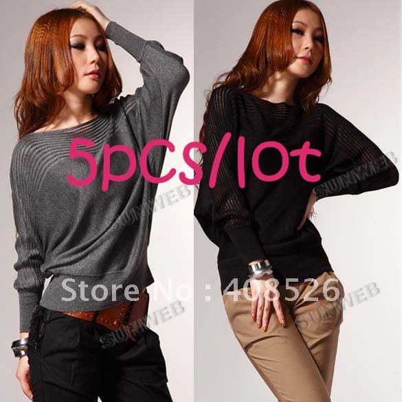 5pcs/lot Women's Crew Neck Loose Batwing Dolman Long Sleeve T-Shirt Knited SweaterTop 5 Colors free shipping 8070