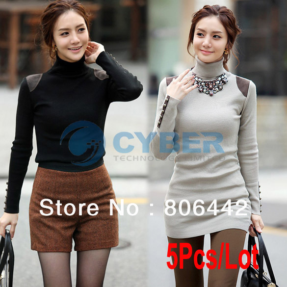 5Pcs/Lot Women's High Neck Long Sleeve Pullover Sweater Stretchy Knit Bottoming Shirt Jumper 3Colors 3Sizes Free Shipping 8187