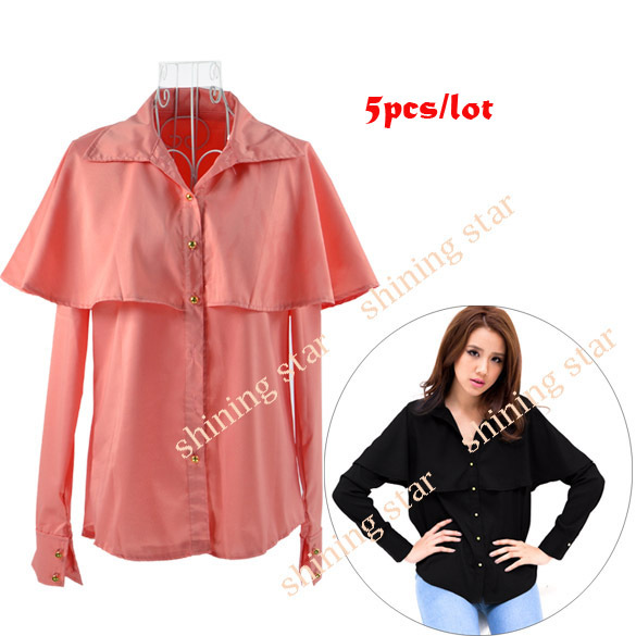 5pcs/lot Women's New Style Wave Mantle Shape Shirts Cotton Blends Shirts Tops 2 Colors 10134