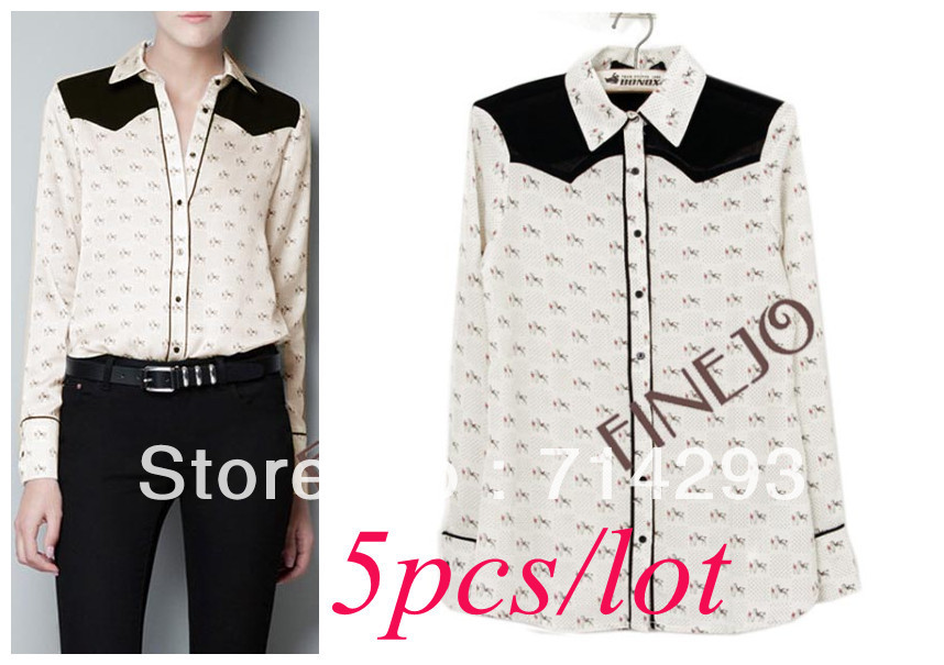 5PCS/LOT Women's Printing Long Sleeve OL Chiffon Shirts Blouse Tops free shipping 9434