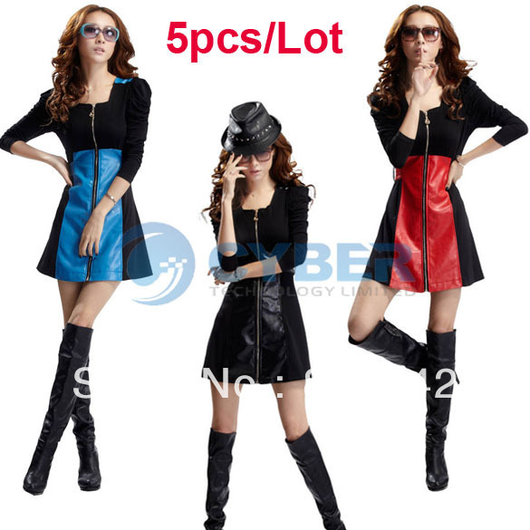 5pcs/Lot Women's PU Leather Long Sleeve Zipper One-piece Mini Dress 3 Colors Free Shipping 9057