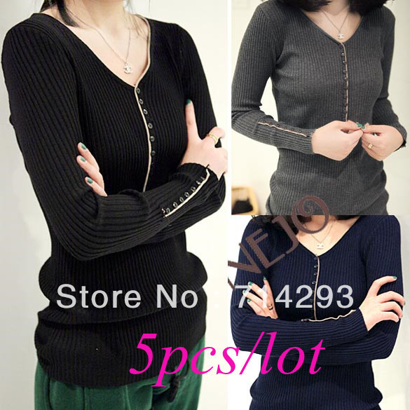 5pcs/lot Women's Slim Long Sleeve Thread Bottoming Shirt Knitted Sweater T-shirt 6 Colors free shipping 11030