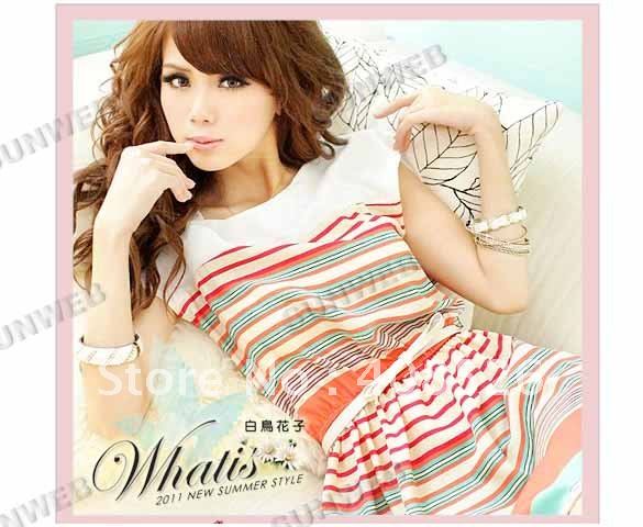 5pcs/lot Women's summer Colorful Stripes Belt Women Mini Fashion Chiffon Dress With Belt Free Shipping 2691