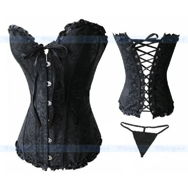 5pcs SEXY Corset black boned Lace up pure Corset G-string SIZE L XL 2XL