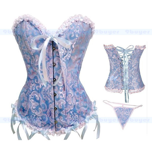 5pcs SEXY Corset Blue Pattern Overbust Bustier Lace up Corset lingerie G-string T-Back