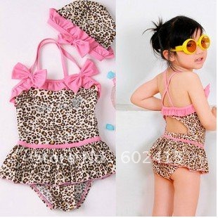 5sets girl bikini cover-ups one-pieces Leopard pink bowtie swimwear girls bikini+cap two-pieces/set