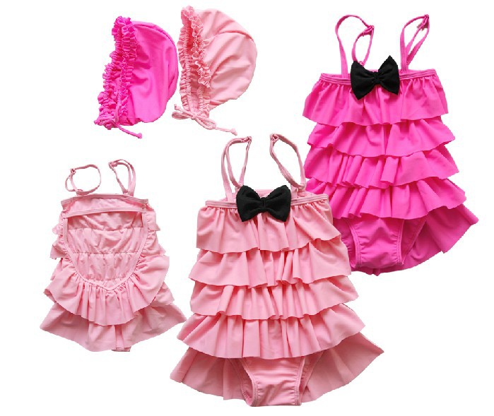 5sets girl Cake bowknot Condole belt one pieces swimwear girl's condole belt+cap two-pieces/set