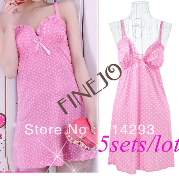 5sets/lot  free shipping Deep V-Neck Pink Women's Sexy Spaghetti Strap Lingerie Dress Sleepwear Nightwear +Underpants 8361