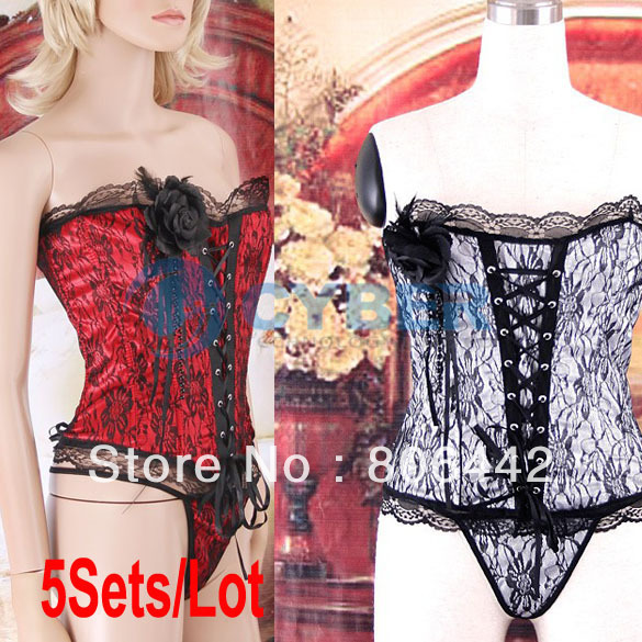 5Sets/Lot Sexy Lingerie Lace up Corset Bustier + G-string 4Sizes Free Shipping 3191